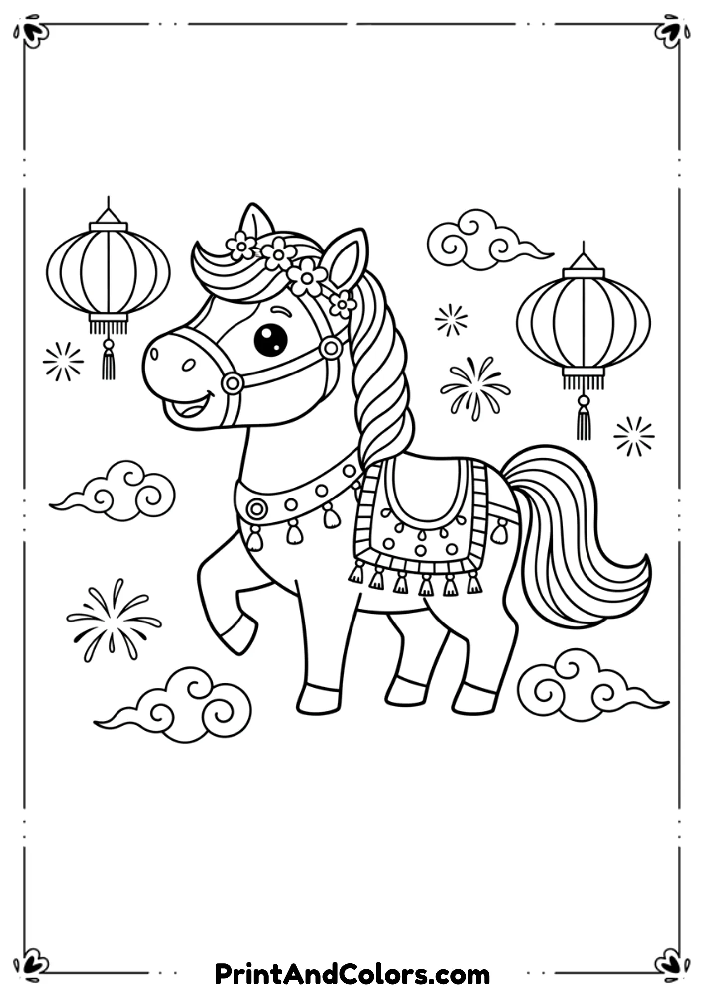 Black and white line art of a happy horse symbolizing Lunar New Year, decorated with festive accessories, lanterns, and clouds. Friendly cartoon style, bold outlines, no shading.