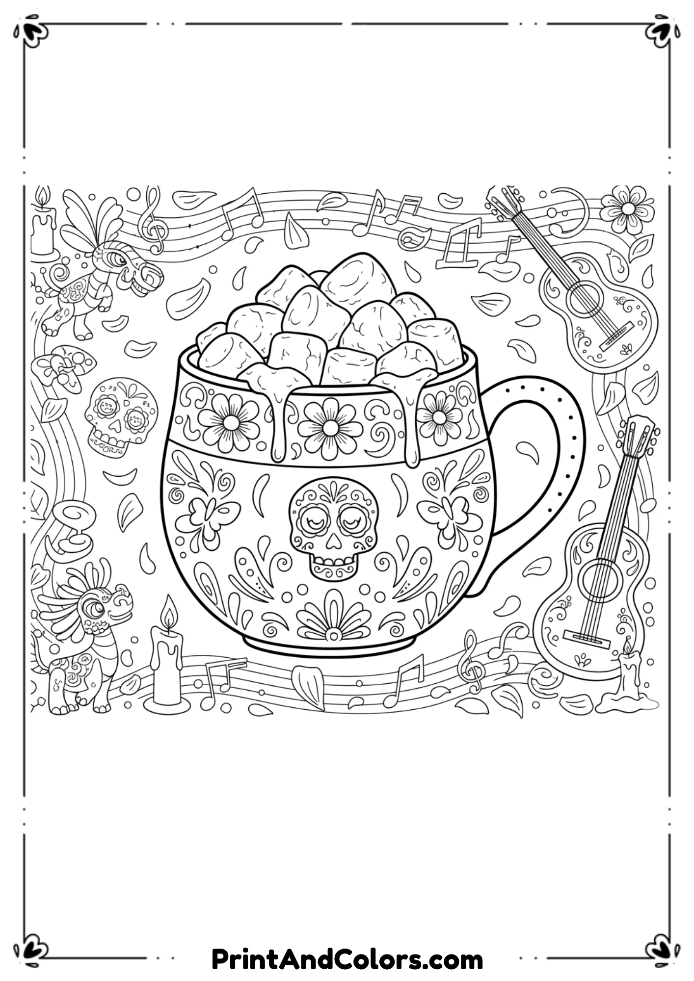 Black and white line art of a cute mug of hot cocoa with marshmallows, Coco-themed decorative elements, printable coloring page.