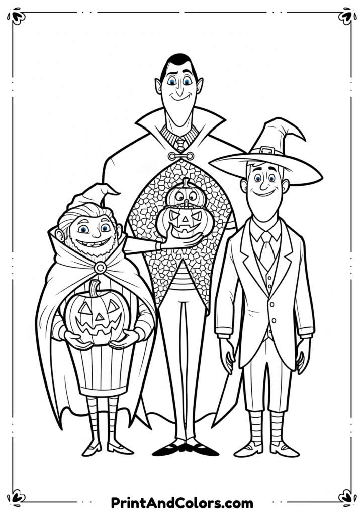 Characters from Hotel Transylvania in Halloween costumes, outlined in cartoon black-and-white line art.