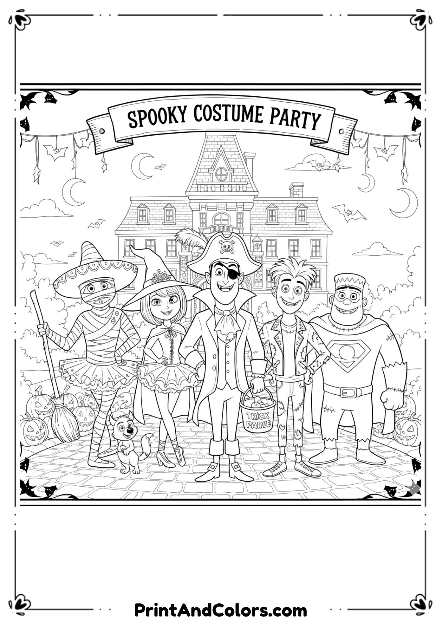 Characters from Hotel Transylvania in Halloween costumes, outlined in cartoon black-and-white line art.
