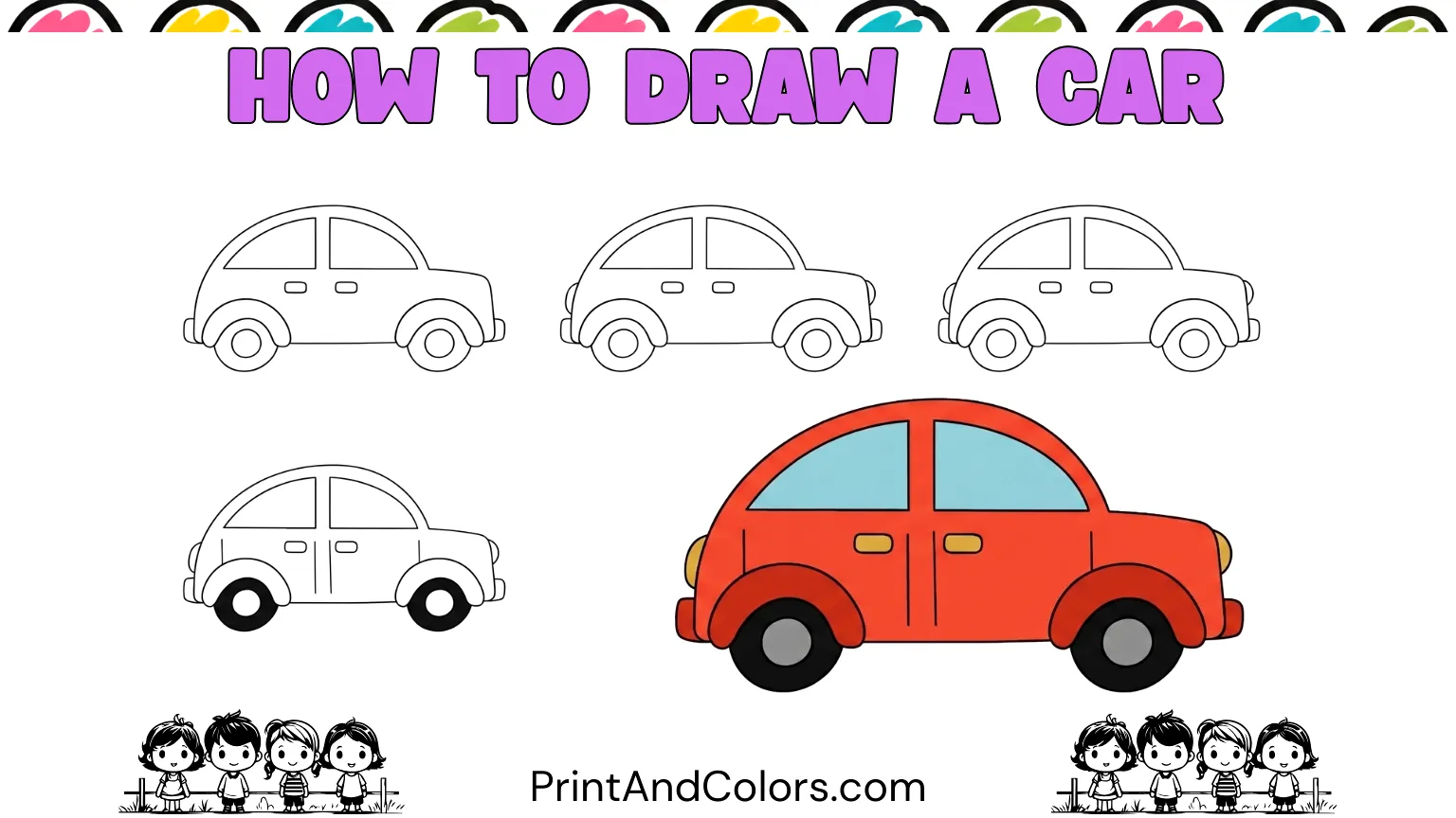 Easy car drawing for kids showing a simple side-view car with a rounded body, curved roof, windows, two wheels, lights, bumpers, and colorful details, ready for a step-by-step drawing tutorial.