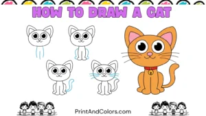 Cute easy cat drawing for kids with large eyes, pointed ears, rounded paws, curved tail, whiskers, and collar, shown as a finished black and white line drawing