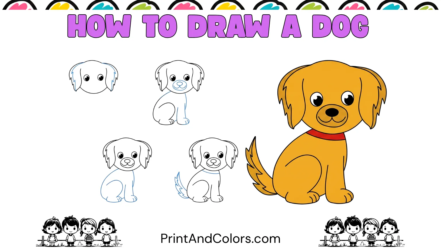 Easy dog drawing for kids showing a cute floppy-eared dog with rounded body, expressive eyes, paws, curved tail, collar, and simple coloring