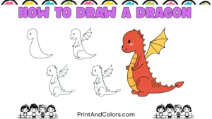 Easy dragon drawing for kids showing a friendly sitting dragon with a large wing, long curved tail, small claws, back spikes, and rounded belly