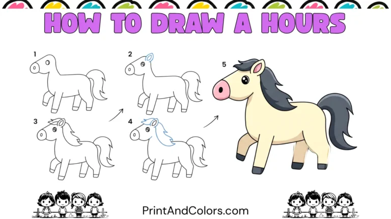 How to draw a horse step by step for kids and beginners, showing a completed cute horse drawing with a rounded body, long legs, flowing mane and tail, expressive eye, pointed ear, muzzle, and hooves, ready for coloring