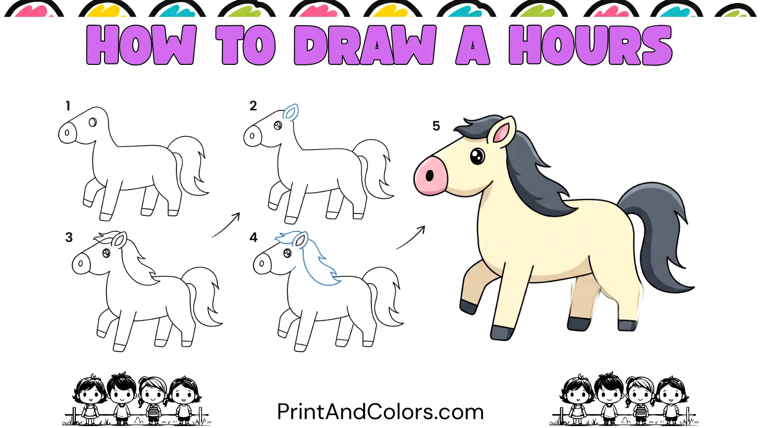 How to draw a horse step by step for kids and beginners, showing a completed cute horse drawing with a rounded body, long legs, flowing mane and tail, expressive eye, pointed ear, muzzle, and hooves, ready for coloring
