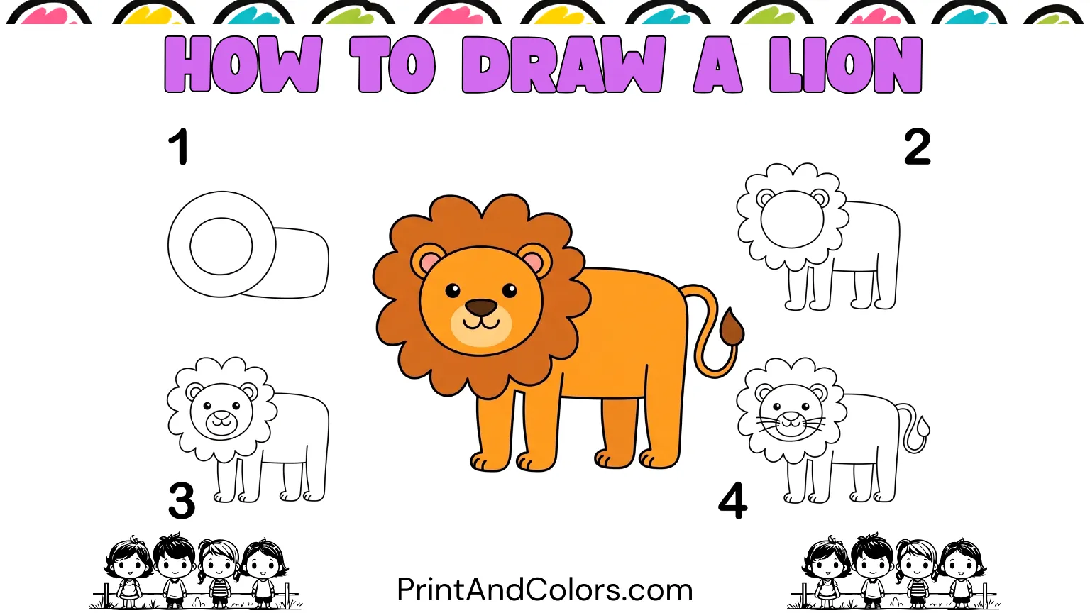 Easy lion drawing for kids showing a friendly full-body lion with a large mane, simple shapes, and clear outlines