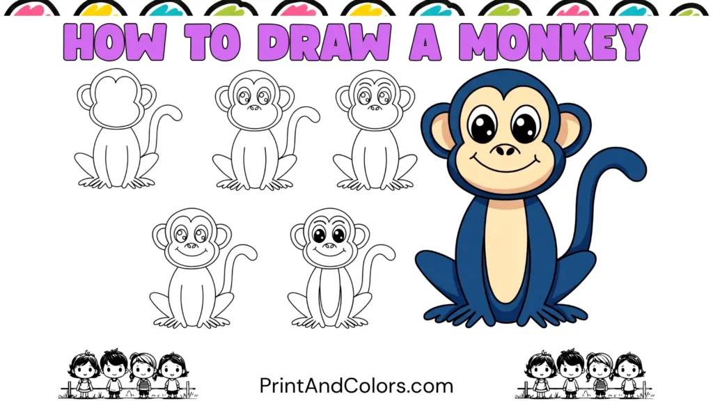 Cute cartoon monkey drawing completed in brown and tan, showing its large round ears, expressive eyes, smiling face, rounded body, long arms, large feet, and curved tail for an easy step-by-step monkey drawing