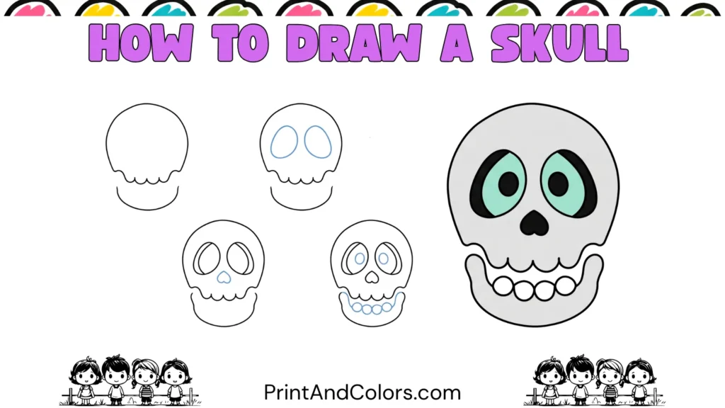 Easy skull drawing for beginners showing a simple front-facing skull with a rounded cranium, large eye sockets, nasal cavity, curved jaw, clean black outlines, and a light cream and gray color scheme