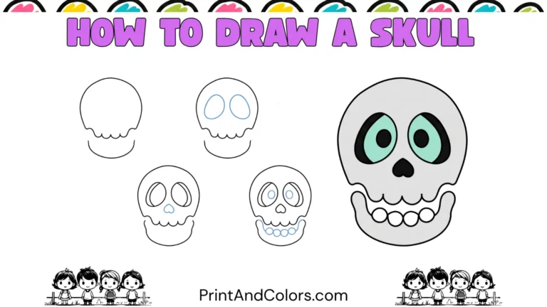 Easy skull drawing for beginners showing a simple front-facing skull with a rounded cranium, large eye sockets, nasal cavity, curved jaw, clean black outlines, and a light cream and gray color scheme