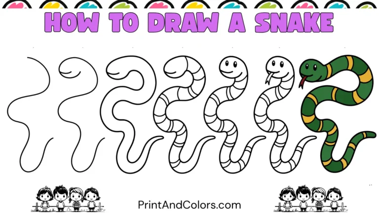 How to draw a snake in easy steps from a curved guide line to a finished snake drawing