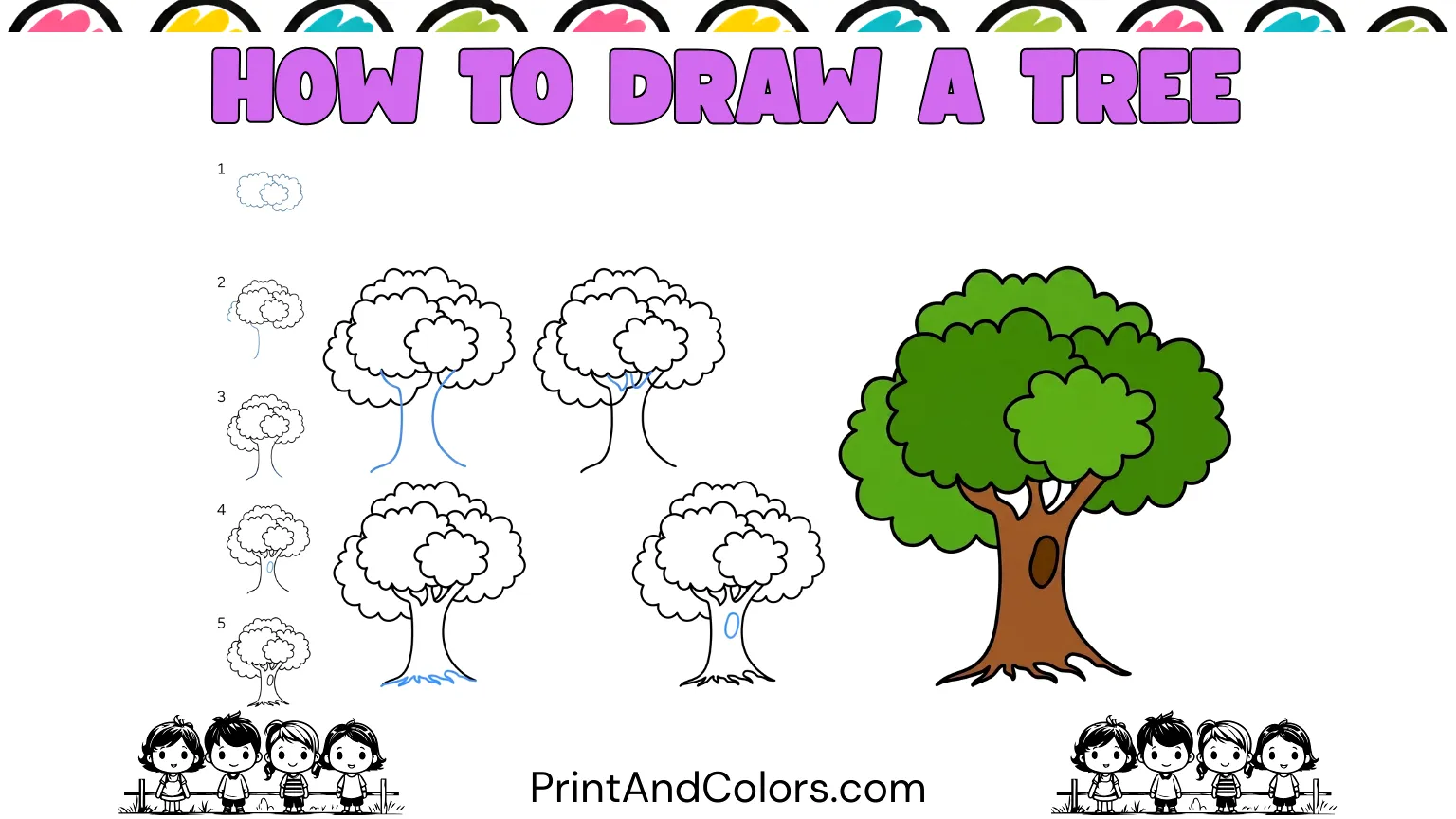 How to draw a tree step by step with leafy crown, trunk, branches, roots, and finished colors