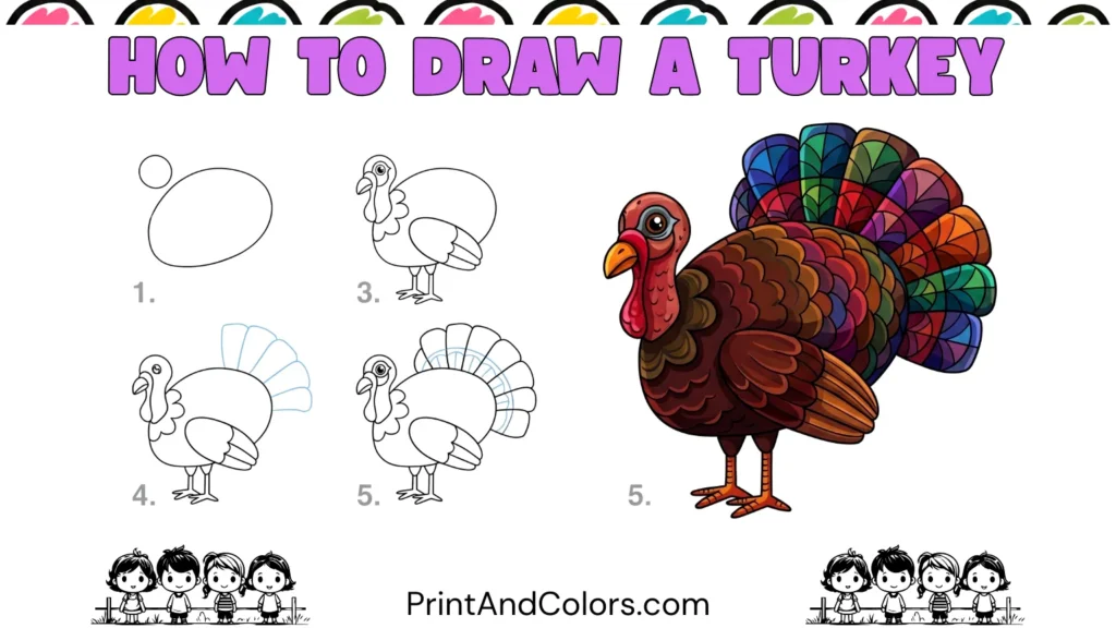 Printable turkey drawing PDF book showing step-by-step turkey drawing and coloring pages for kids