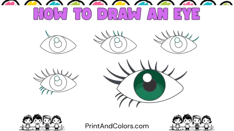 How to draw an eye step by step for kids and beginners, showing a completed eye drawing with a curved outline, blue-gray iris, dark pupil, white highlight, and upper and lower eyelashes