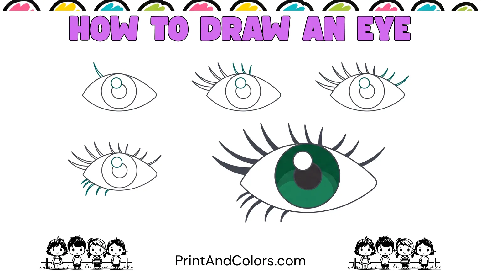 How to draw an eye step by step for kids and beginners, showing a completed eye drawing with a curved outline, blue-gray iris, dark pupil, white highlight, and upper and lower eyelashes