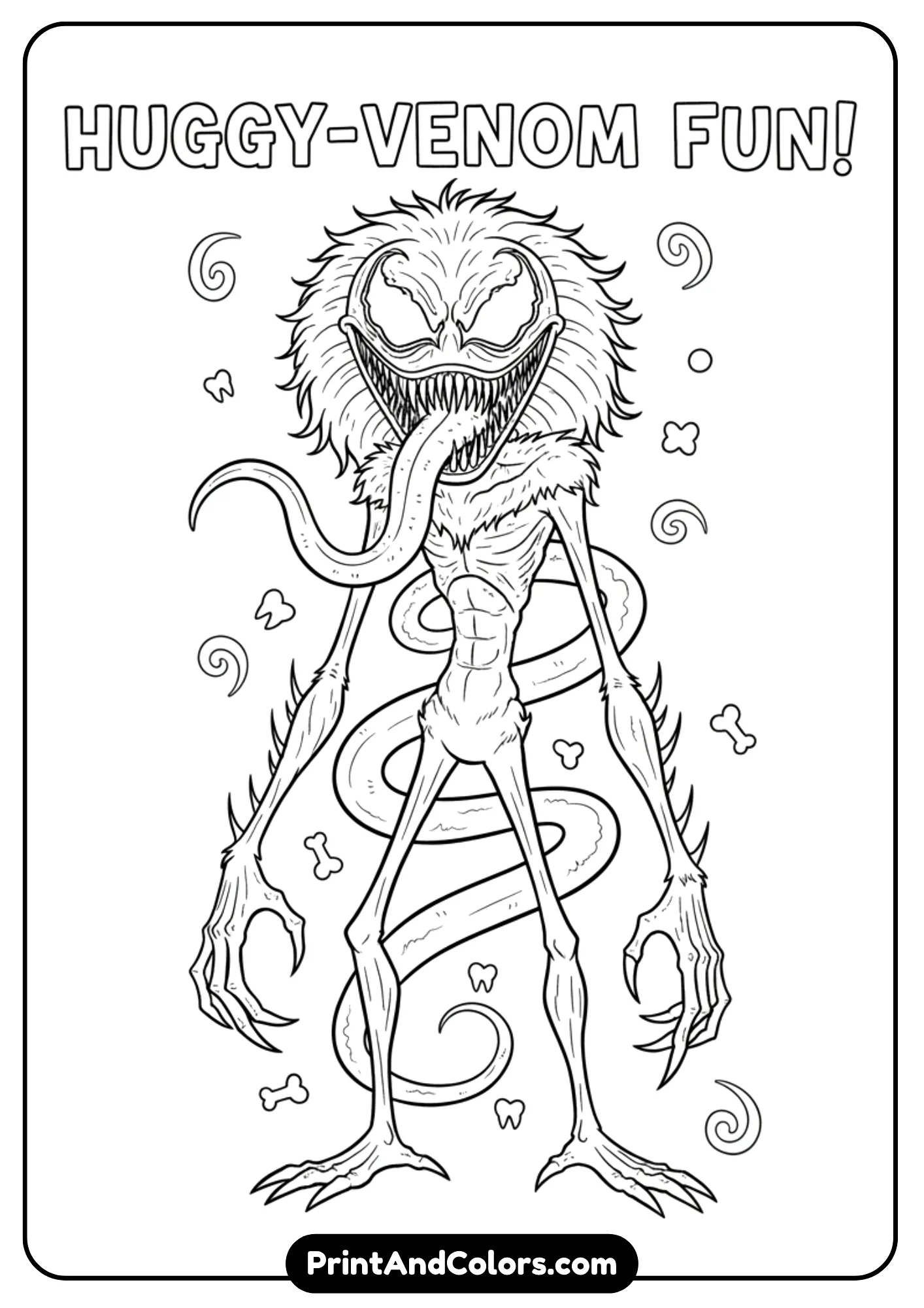 Funny crossover line art of Huggy Wuggy merged with Venom, tall skinny body with sharp teeth and tongue