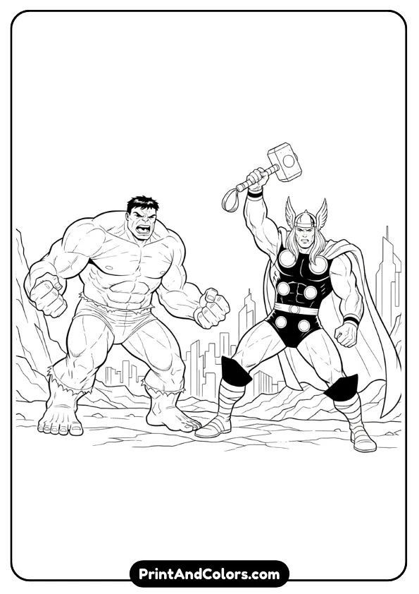 Black and white line-art of Hulk and Thor standing ready for battle, hammer raised, strong comic outlines, no shading.