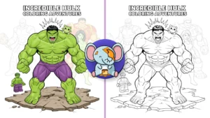 Black and white hero banner illustration featuring the Incredible Hulk in a strong roaring pose, surrounded by line-art versions of She-Hulk, Gladiator Hulk, Lego Hulk, Hulkbuster, and Chibi Hulk, designed as a printable coloring-style feature image