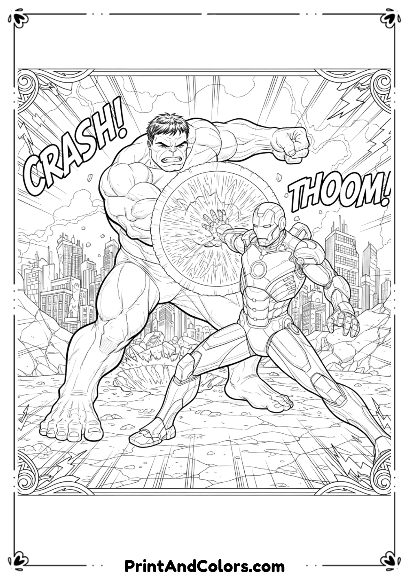 Line art of Hulk punching Iron Man while Iron Man blocks with energy shield, action scene.