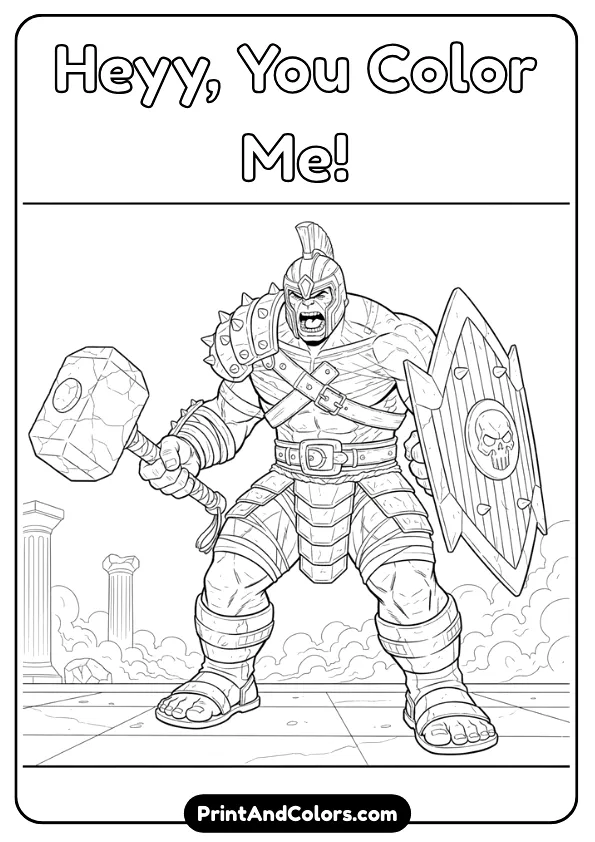 Comic-style line-art of Gladiator Hulk (Thor Ragnarok style) wearing armor, helmet, shoulder pads, large weapon, black and white