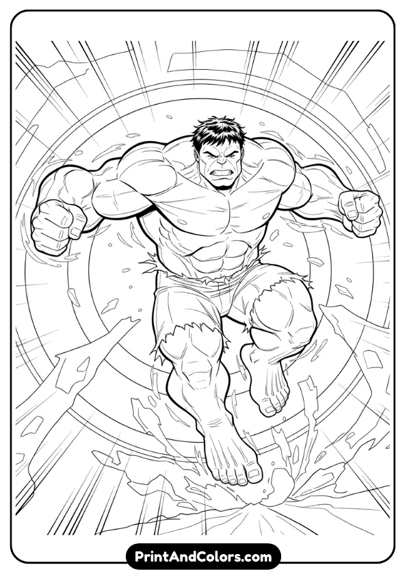 Black and white illustration of Hulk leaping forward through the air, dynamic pose, motion lines, no shading