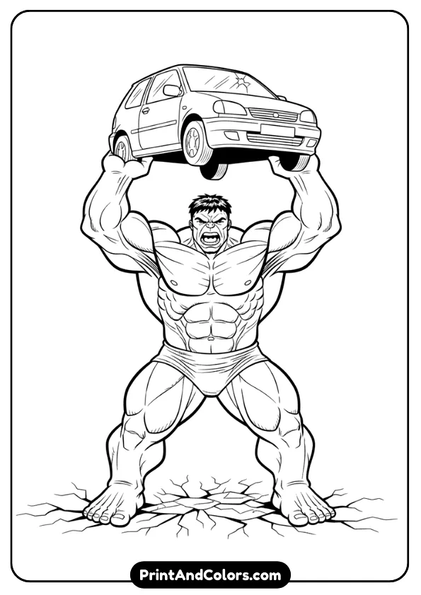 Strong line-art of Hulk lifting a car above his head, detailed muscles, crack lines under his feet, clean outlines