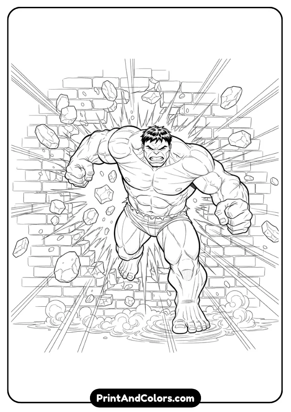 Powerful line-art of Hulk punching through a brick wall with debris flying outward, dramatic comic outlines