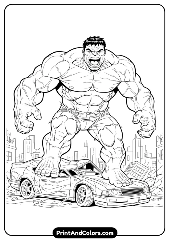 Powerful black and white drawing of Hulk standing on top of a crushed car, roaring angrily, detailed muscles, thick outlines, no shading
