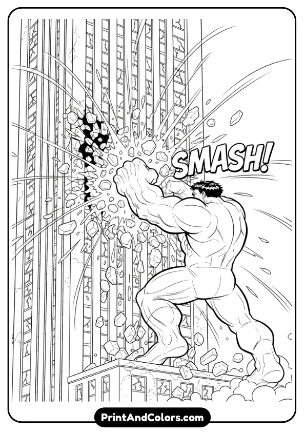 Dynamic black and white line-art of Hulk smashing the side of a tall building, debris falling, comic-style outlines, no grayscale shading