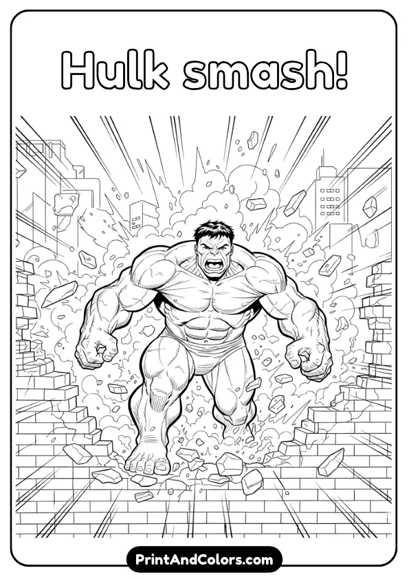 Black and white comic-style line art of Hulk bursting through a brick wall, debris flying, strong muscles, bold outline, no grayscale shading