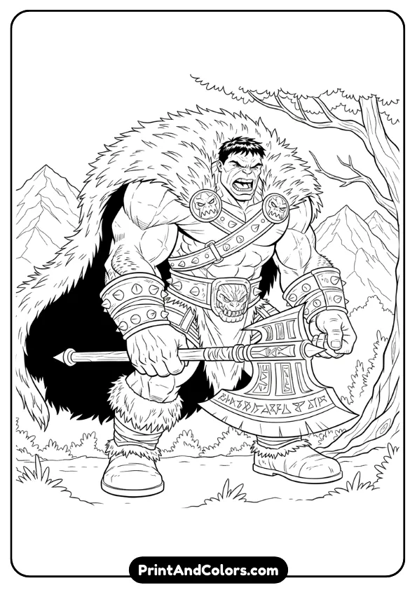 Epic line-art of Hulk wearing a thick furry cape and holding a large battle axe, fantasy warrior style, bold outlines, no shading