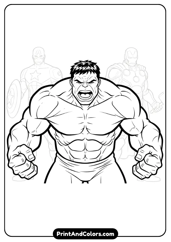 Line-art of Hulk standing with other Avengers silhouettes behind him (Captain America, Iron Man, Thor), clean outlines, no shading.