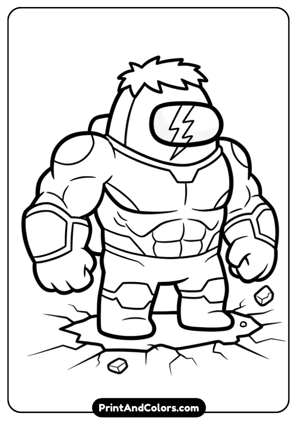 Among Us crewmate styled as Hulk, bulky shape, cracked floor under feet, simple outline, kid-friendly