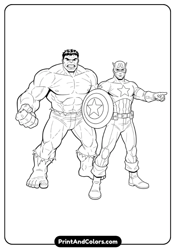 Line-art of Hulk standing beside Captain America, Cap holding shield, both in heroic poses, clean outlines