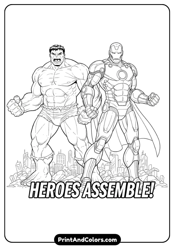 Black and white comic-style line drawing of Hulk and Iron Man standing shoulder to shoulder in heroic poses, detailed outlines, clean edges, no shading