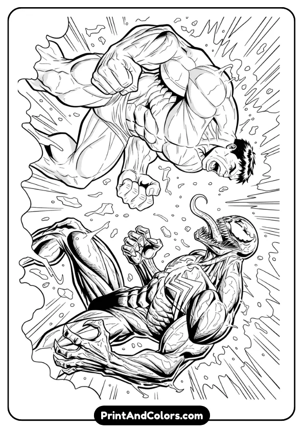 Dramatic line-art of Hulk facing Venom, both in aggressive poses, Venom with long tongue, Hulk roaring, bold outlines, no grayscale