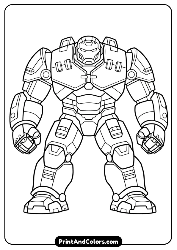 Black and white line drawing of Hulkbuster armor, front view, simplified mechanical details, bold outlines