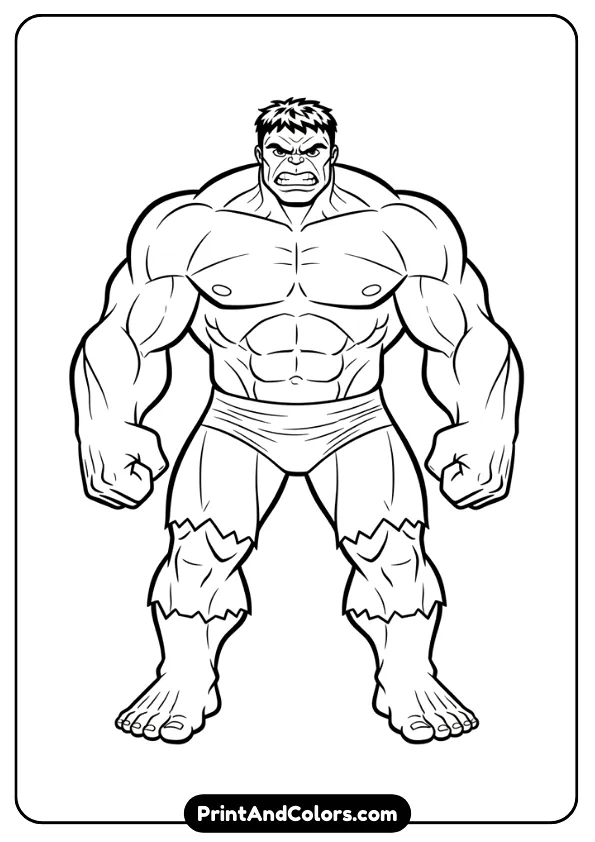 Printable-friendly Hulk line-drawing, simple but detailed, standing pose, thick bold outlines, no background