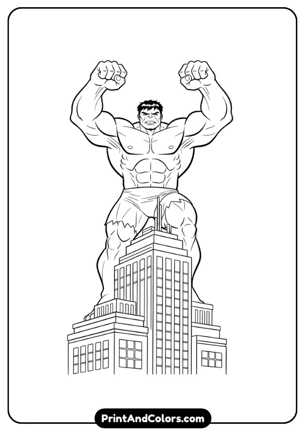 Printable-outline Hulk with fists raised, medium detail, smooth lines, no background