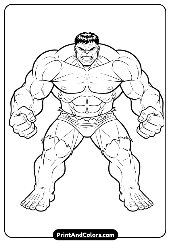 Black and white clean line-art illustration of the Incredible Hulk standing in a powerful pose, muscles highly defined, fists clenched, strong comic-style outlines, no shading, no colors, perfect for kids and adults to color, blank background