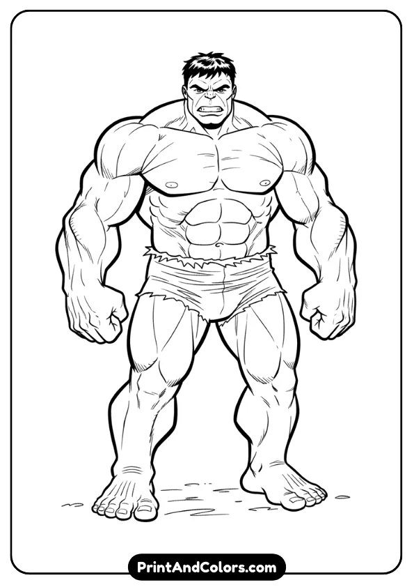 Classic hand-drawn comic-style Hulk in a standing pose, detailed muscles, clean black outlines, no shading.