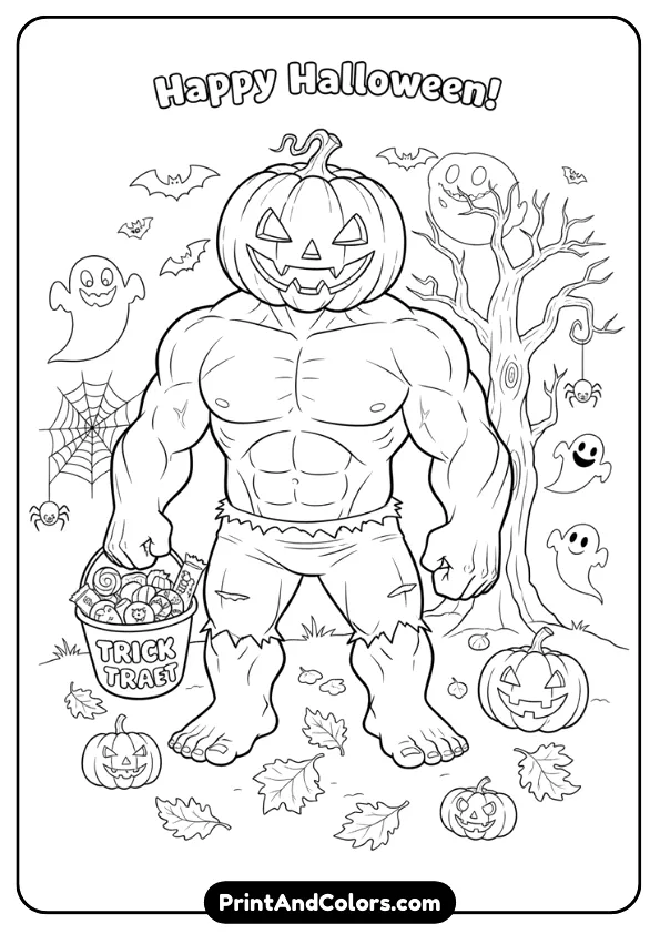 Funny Halloween-themed Hulk wearing a pumpkin mask or holding a trick-or-treat bucket, cartoon spooky elements, thick outlines
