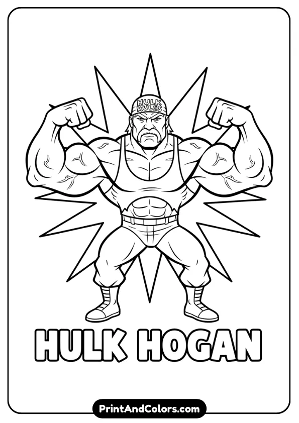 Black and white cartoon-style drawing of Hulk Hogan wearing bandana and mustache, flexing muscles, thick lines