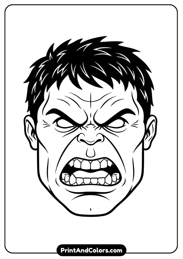 Black and white printable Hulk mask outline with eye cutouts, angry expression, bold thick lines for cutting and coloring