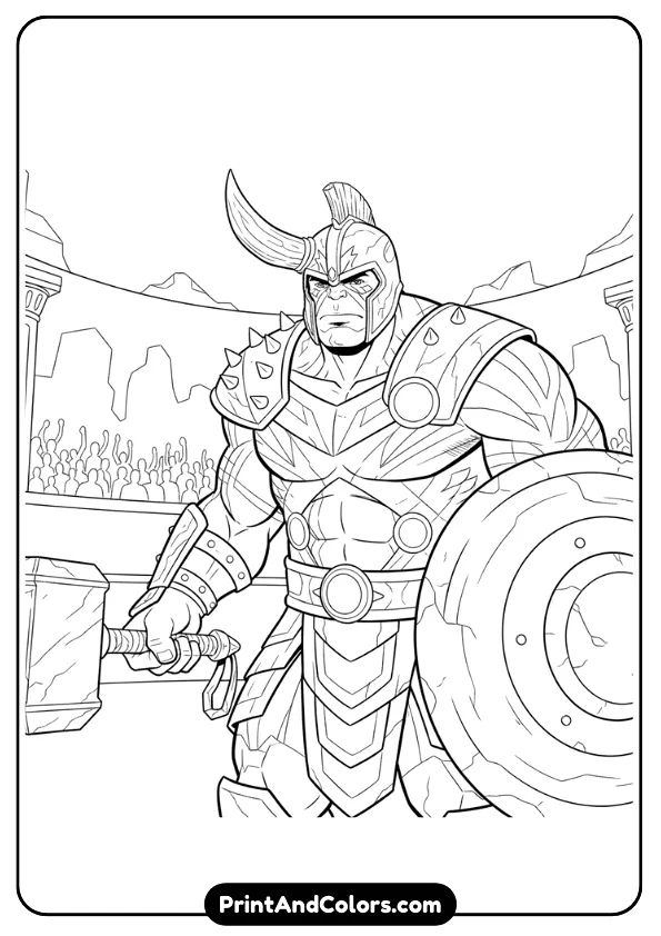 Gladiator Hulk from Thor Ragnarok, helmet, armor, war paint, holding weapon, detailed comic-style outlines, no shading.