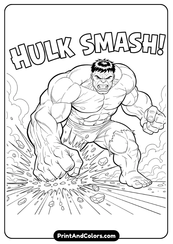 Hulk punching the ground causing cracks, iconic smash pose, thick outlines, comic-style line-art