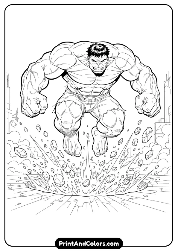 Hulk jumping and smashing the ground, debris cracking, large fists downwards, dynamic comic pose, bold outlines