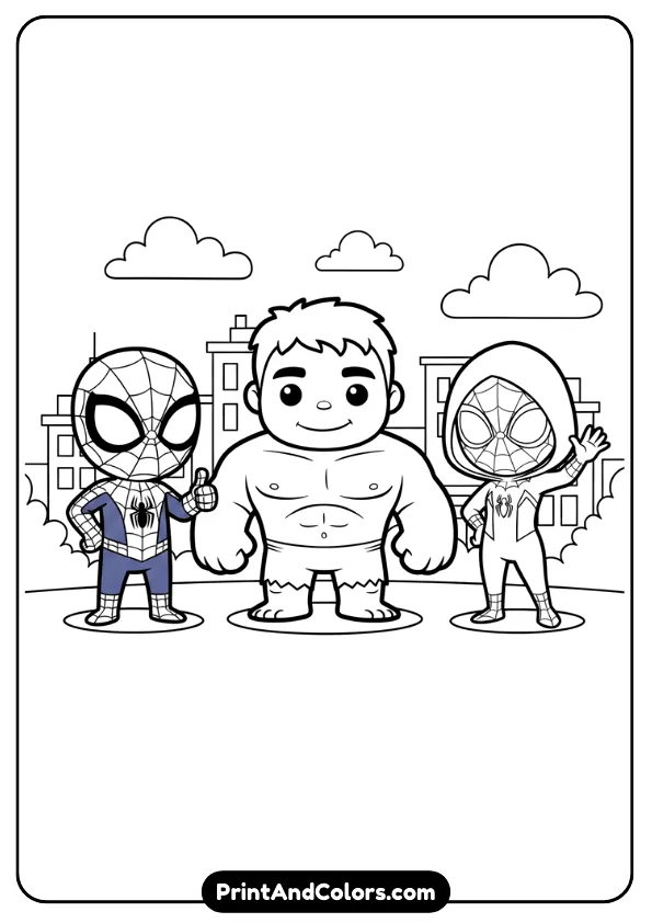 Cute Spidey and Friends style Hulk standing with Spidey and Ghost-Spider, simple friendly shapes, thick cartoon outlines