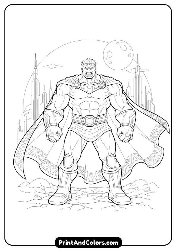 Heroic standing pose of Hulk with cape flowing behind him (fun fantasy version), bold superhero stance, clean outlines