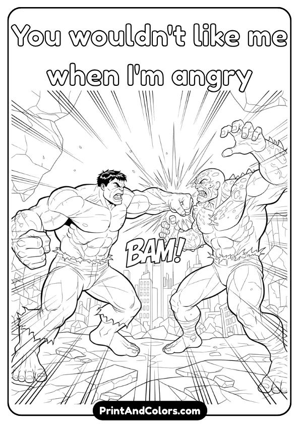 Epic battle line-art of Hulk punching Abomination, both large muscular figures, comic-style action lines, no shading